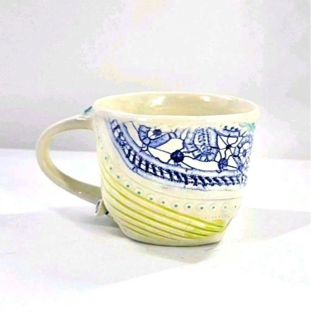Studio Art Pottery Slab Built Coffee Tea Mug Abstract Floral Blue Green White Lg